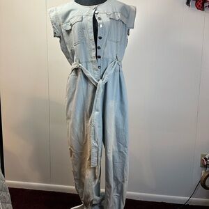 Light Blue Denim Jumpsuit with Sleeveless Design and Waist Tie